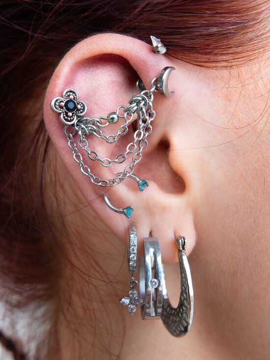 Handmade Jewelry - Silver triple piercing chain attachment for cartilage jewelry